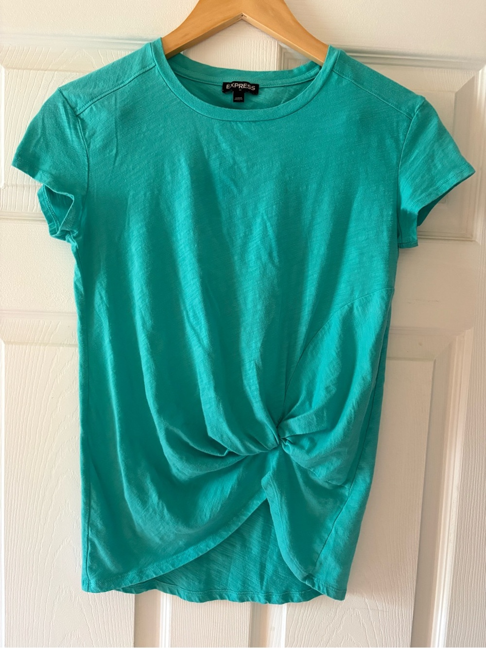 Express Women's Teal Twist-Front Short Sleeve Tee